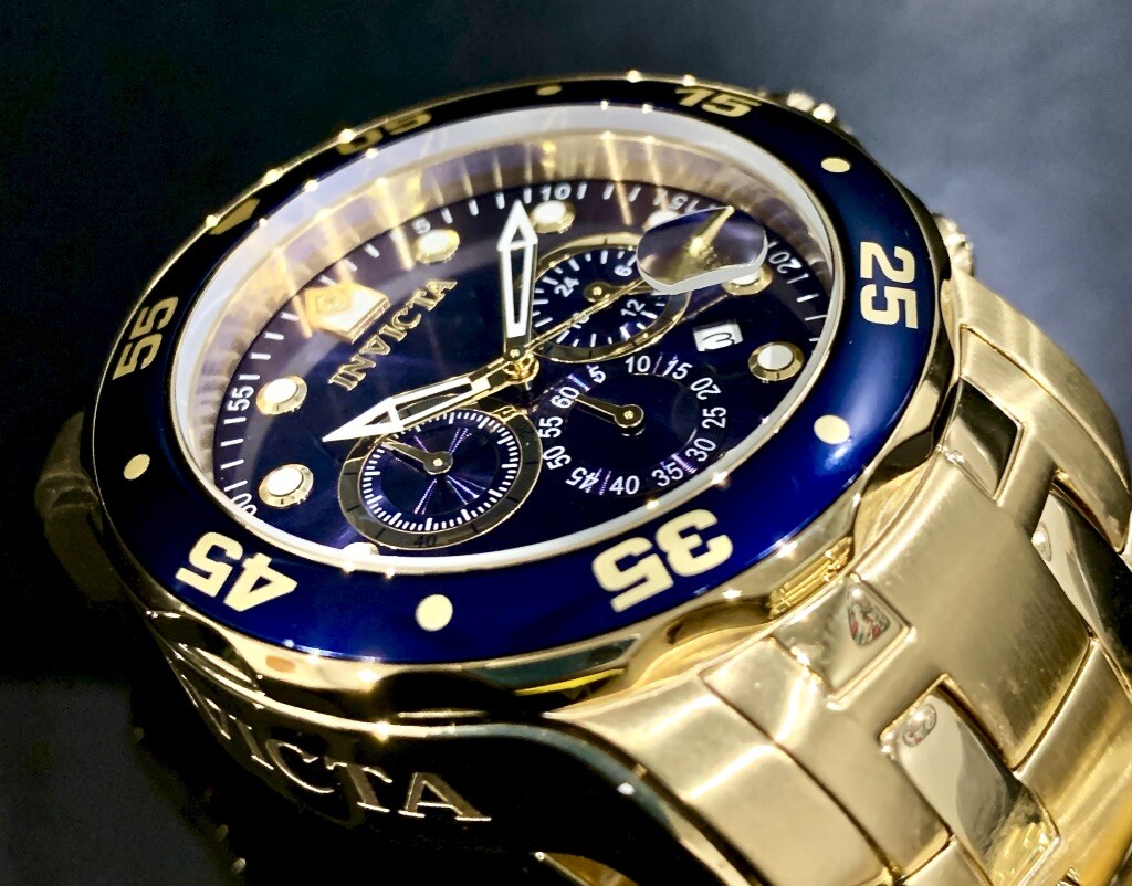 Invicta Mens PRO DIVER SCUBA Chronograph Blue Dial 18Kt Gold Plated Watch 0073