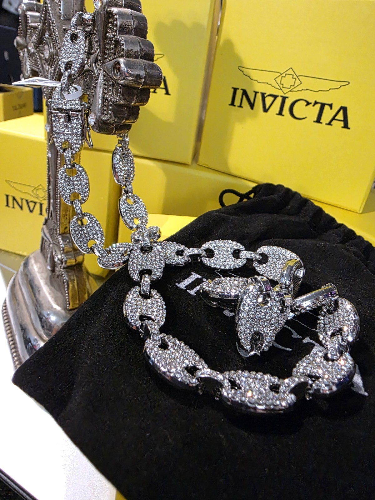 Invicta Silver-Tone Alloy Pavé CZ Link Chain Necklace, Lobster, 21.65 in