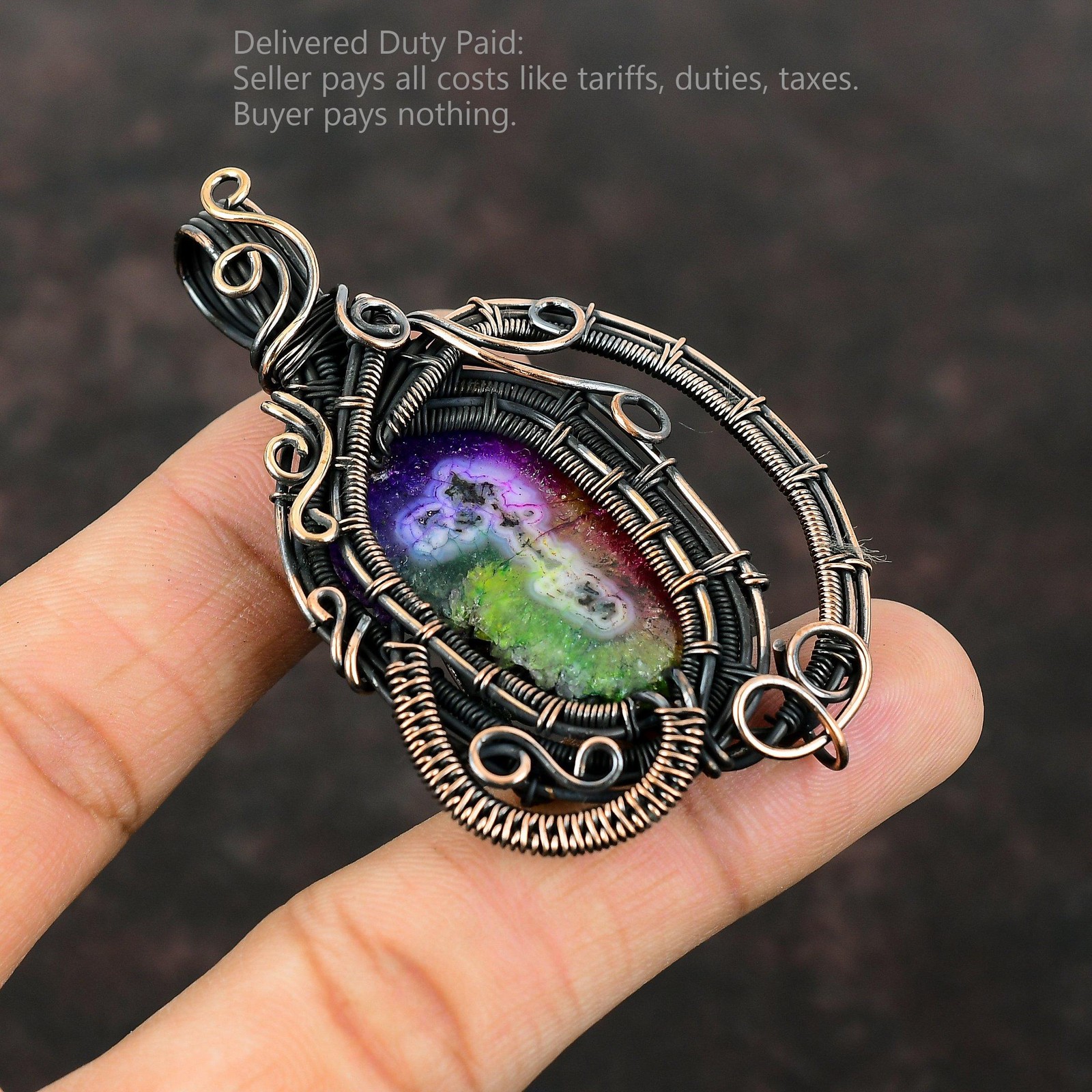 Rainbow Solar Quartz Druzy Gemstone Copper Wire Wrapped Artisan Pendant Jewelry