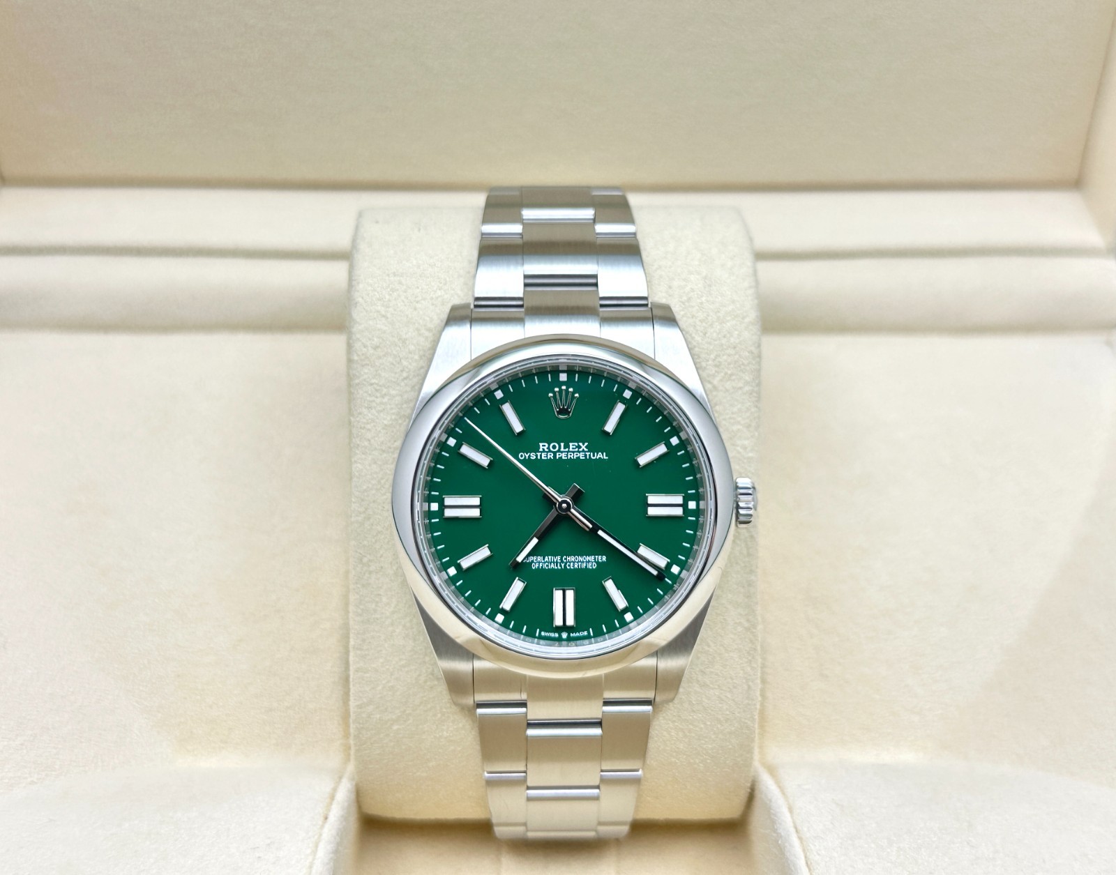Rolex Oyster Perpetual 124300 41mm Green Dial Stainless Steel Box Papers