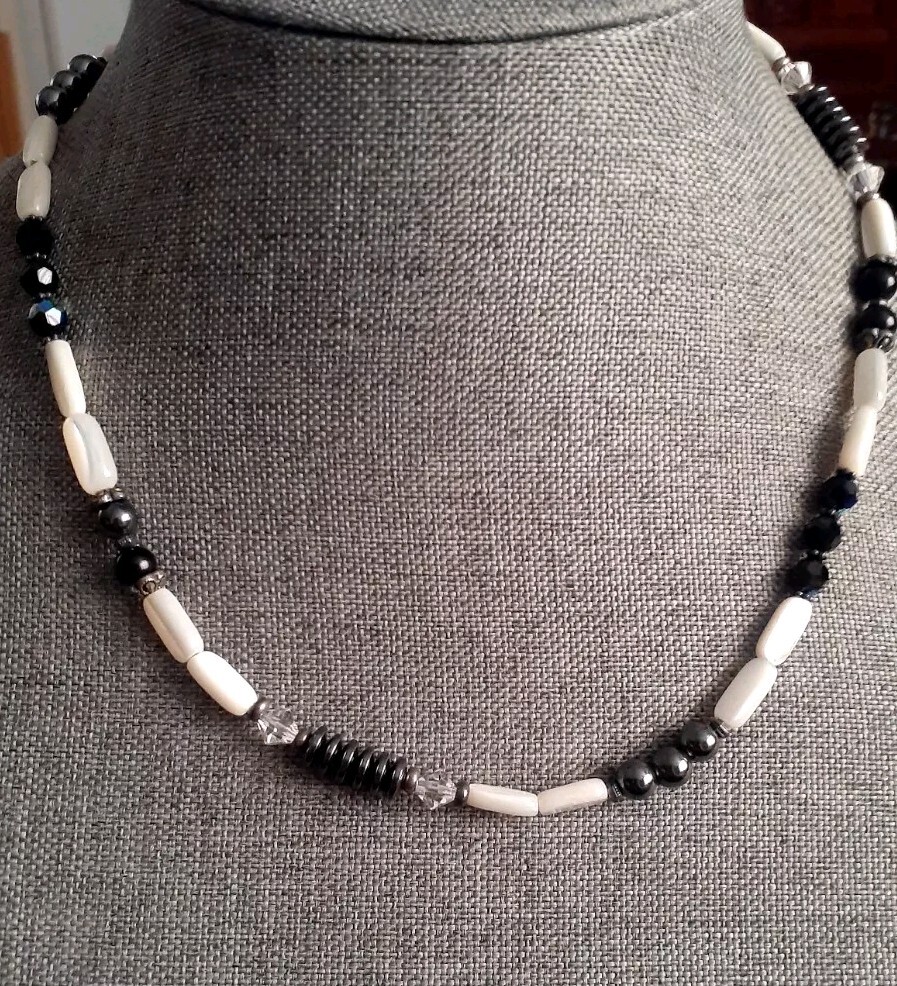 Mother of Pearl Hematite Clear & Black Stone Necklace. 18″