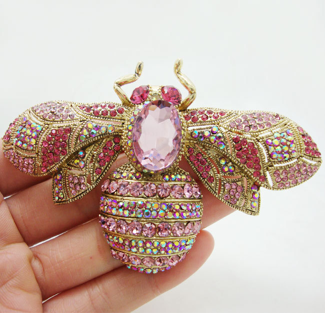 New Beautiful Pink Bee Insect Rhinestone Crystal Gold-tone Brooch Pin Pendant