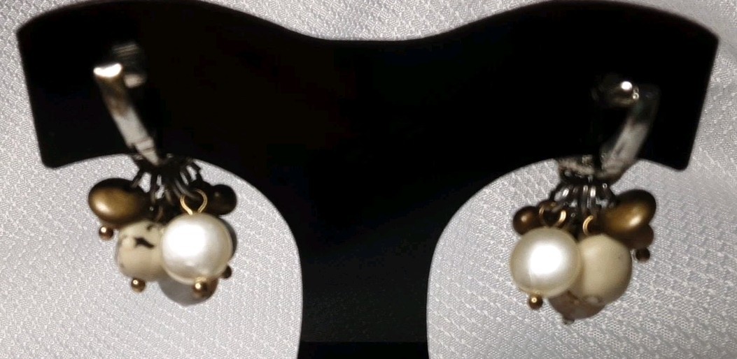 Earring Silver Tone Beige Tan Multicolor Different Shape Beaded Drop Dangle Clip