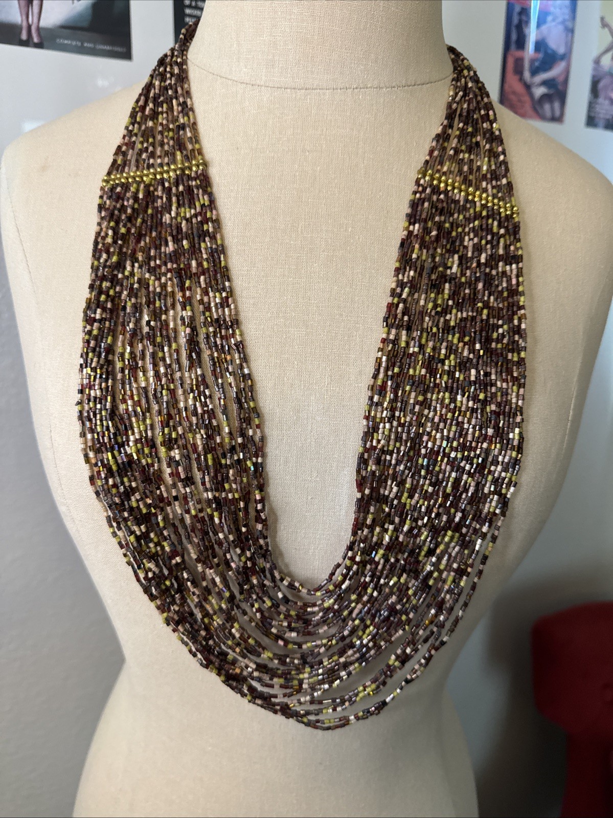 Brown Beaded Multi strand Necklace Approx 30” Lobster Clasp