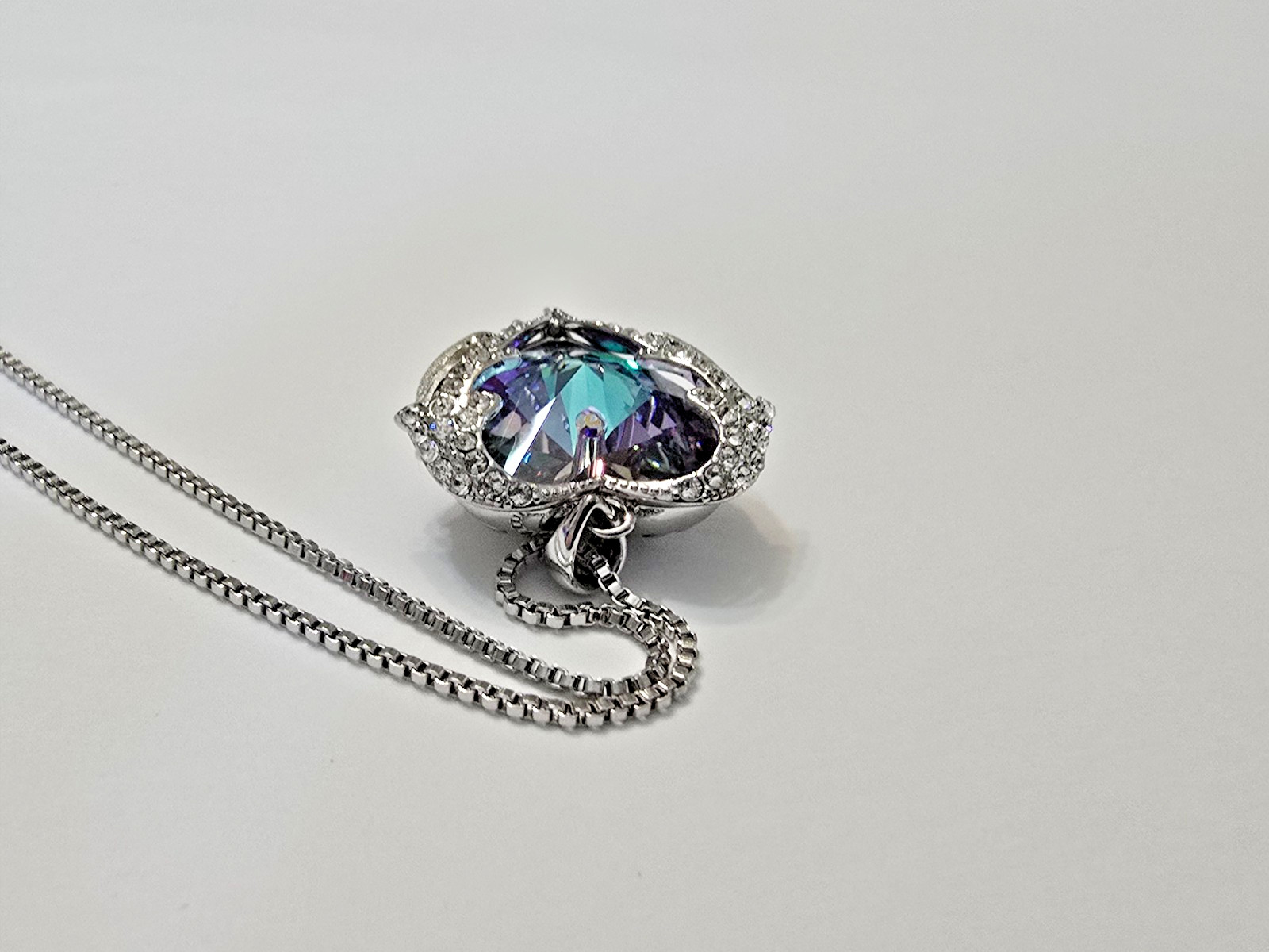 Angel Wings Blue Purple Crystal Heart Silver Tone Pendant Necklace