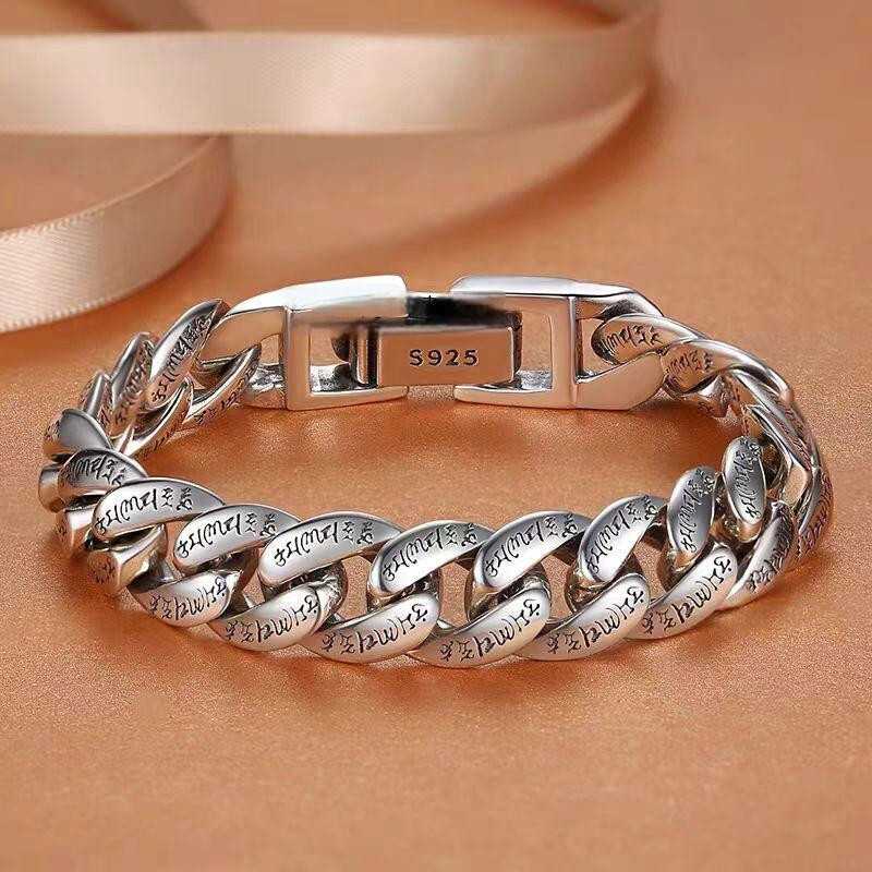 Solid S925 Sterling Silver Chain 11mm Six Words Curb Link Bracelet 44-45g 7.9in