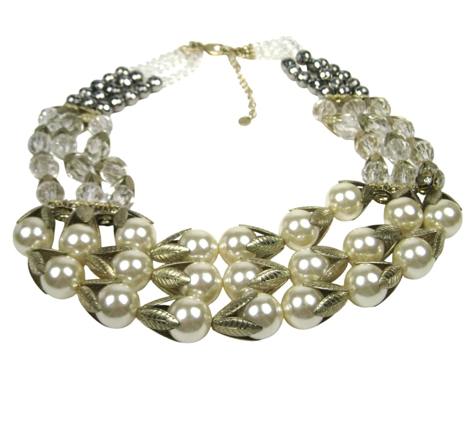 Lydell NYC Simulated Pearl Plastic Bib Necklace Gold Tone Multi Strand Statement