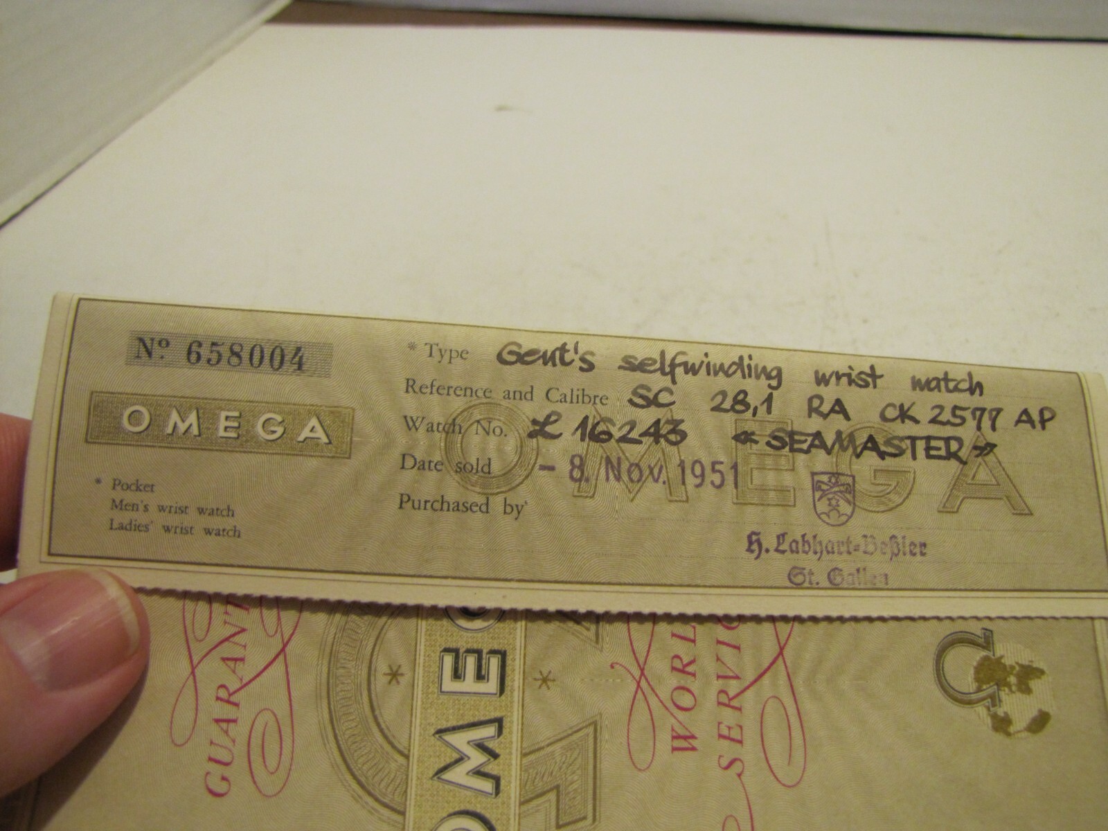 1951 OMEGA WORLD SERVICE GUARANTEE CERTIFICATE OF ORIGIN