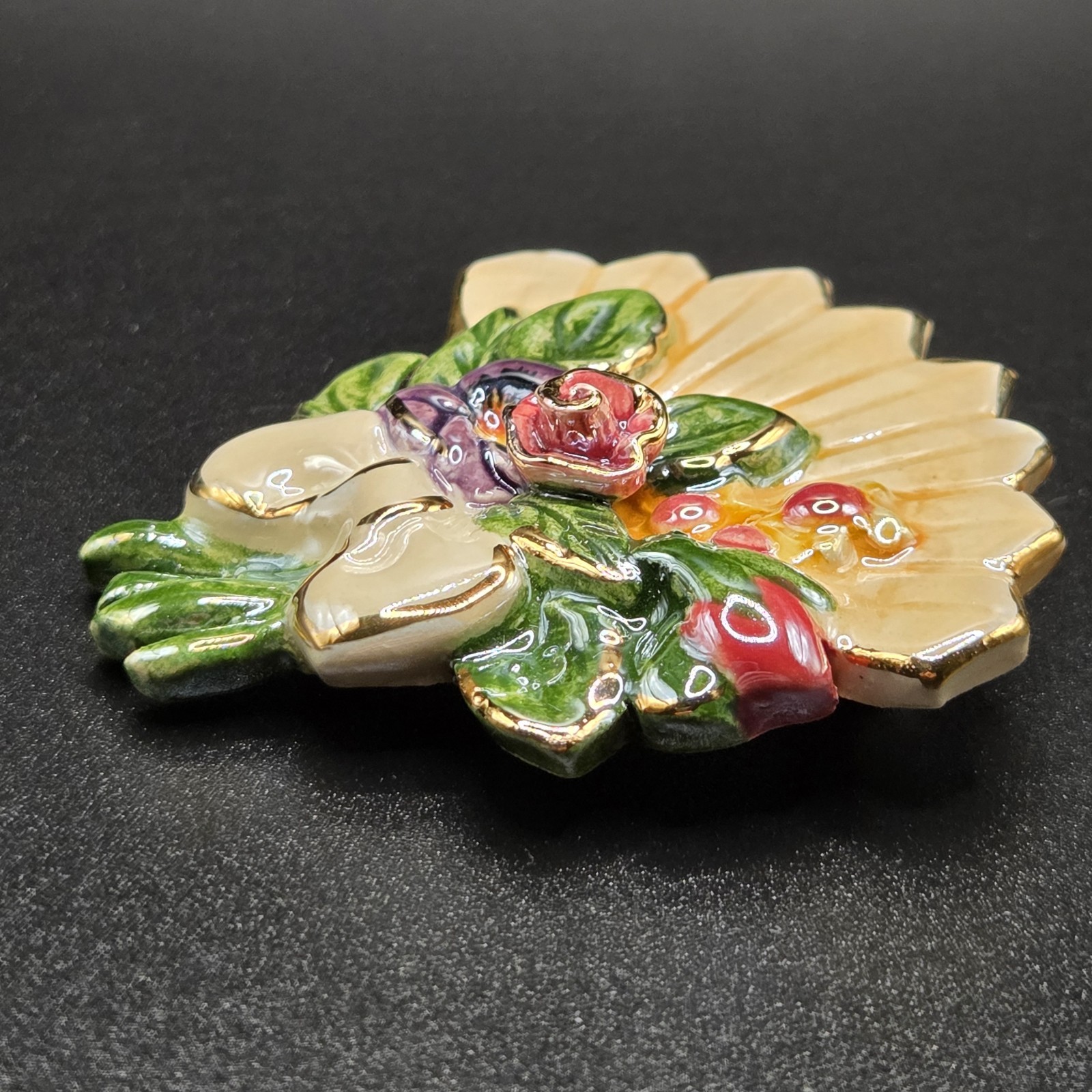 Fan Shaped Brooch Enamel On Ceramic