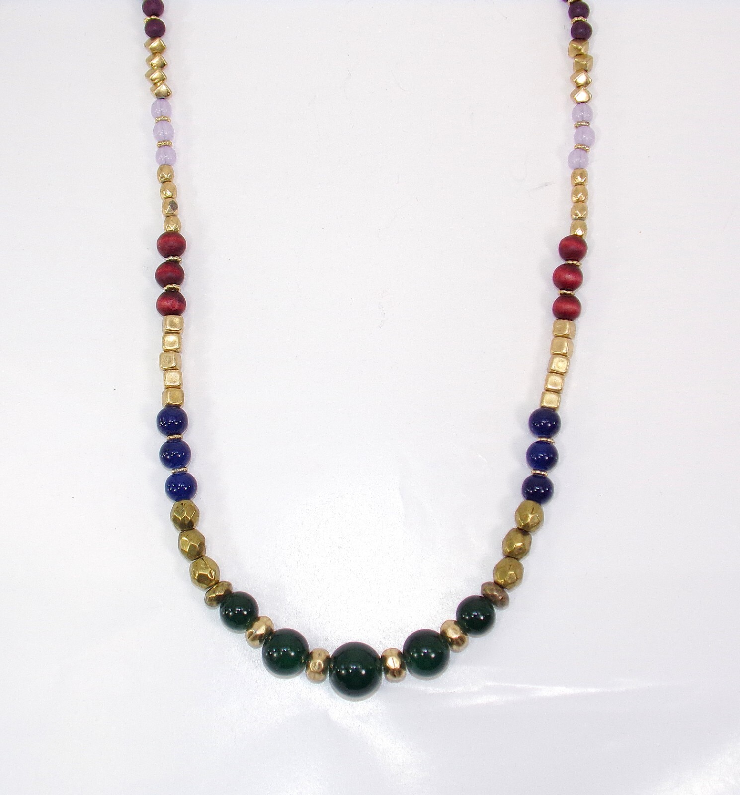 Multi color bead necklace with green, blue brown, gold glass and wood beads New