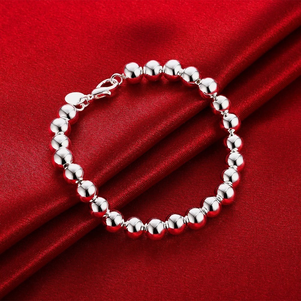 925 Sterling Silver 8MM Smooth Hollow Beaded Ball Bracelet Necklace Jewelry Set