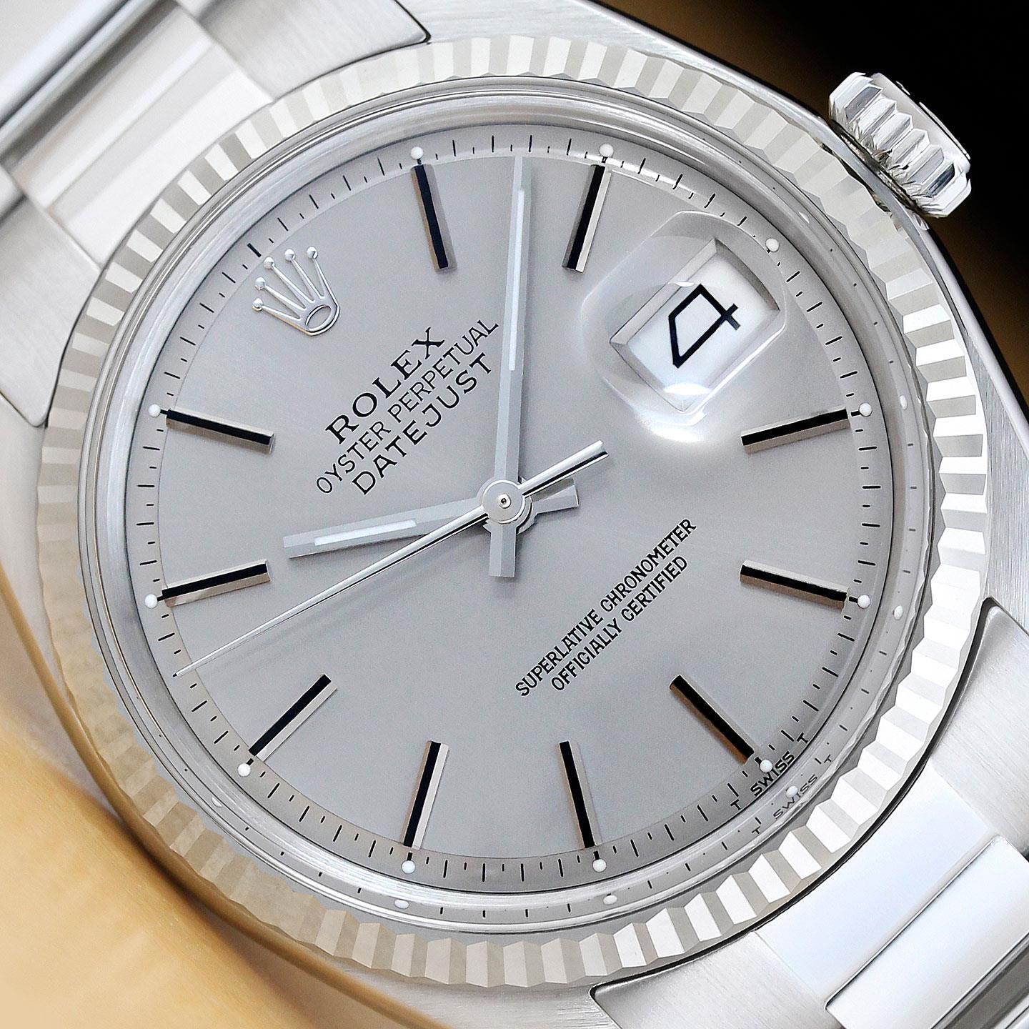 ROLEX MENS DATEJUST 18K WHITE GOLD STEEL GRAY WATCH w/ OYSTER BAND