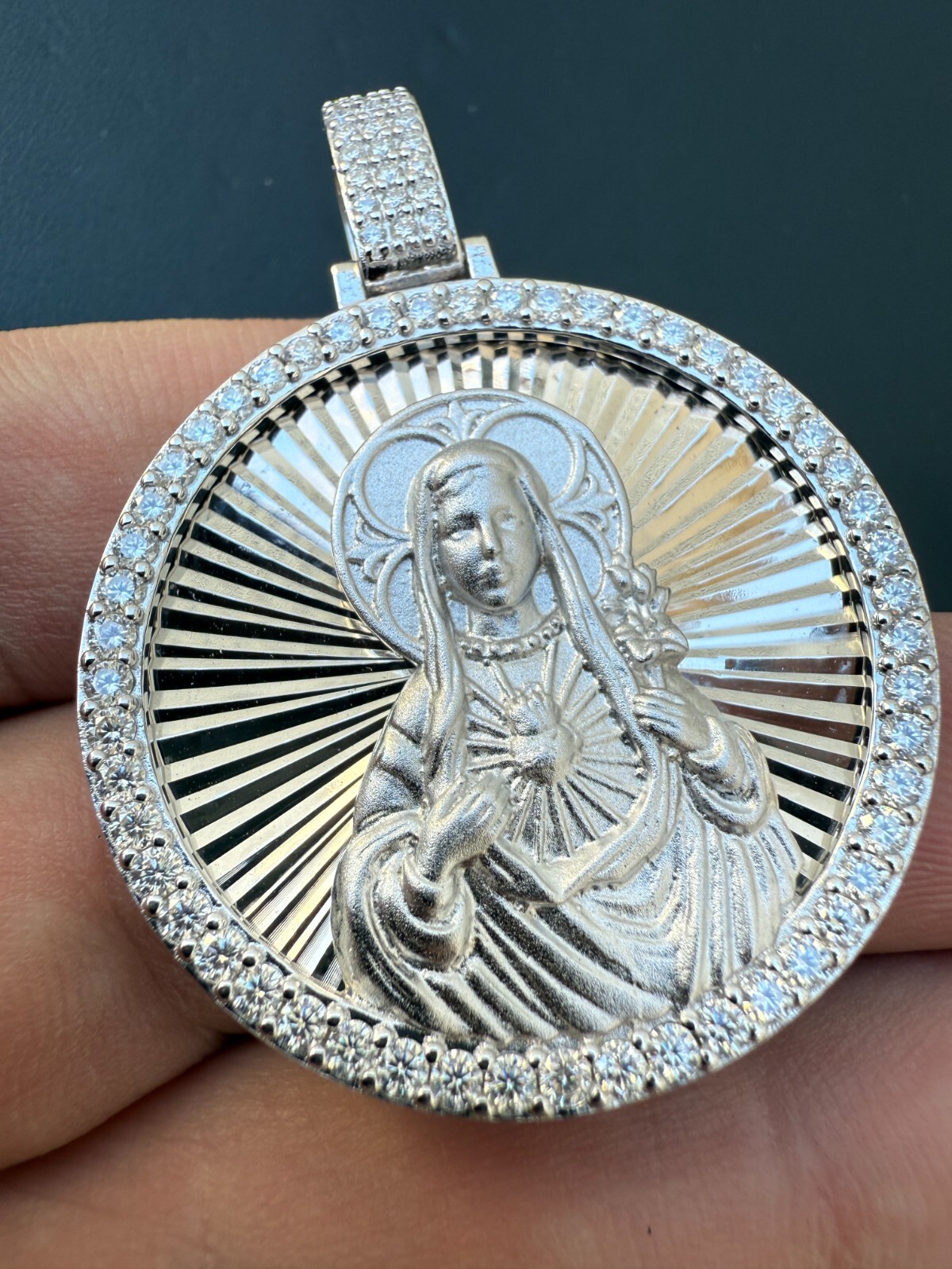 MOISSANITE Virgin Mary Round Medallion Pendant Real 925 Silver / Gold Necklace