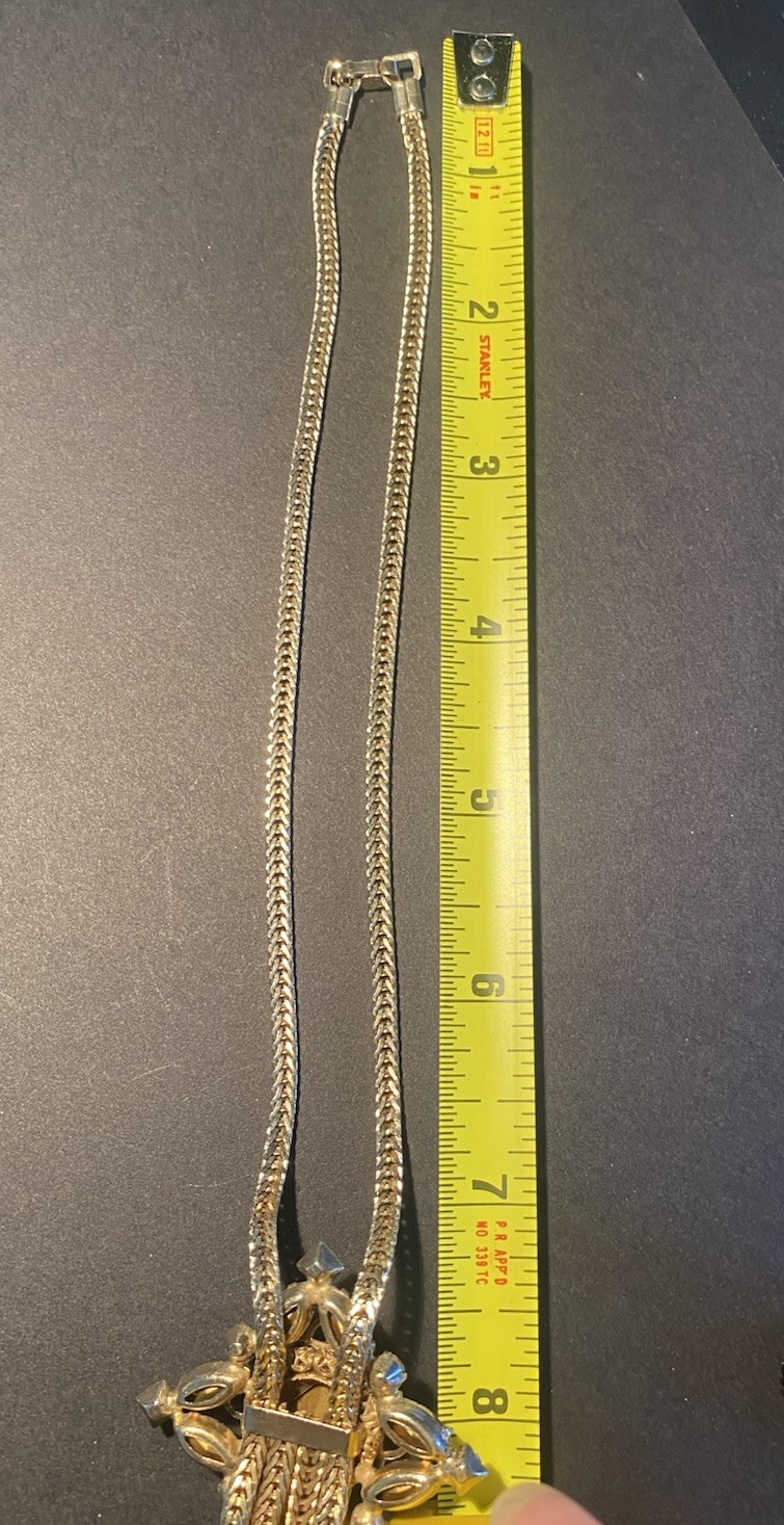Fixed-Pendant Lariat Necklace Faux Citrine & Amethyst Herringbone Chain ’70s VTG