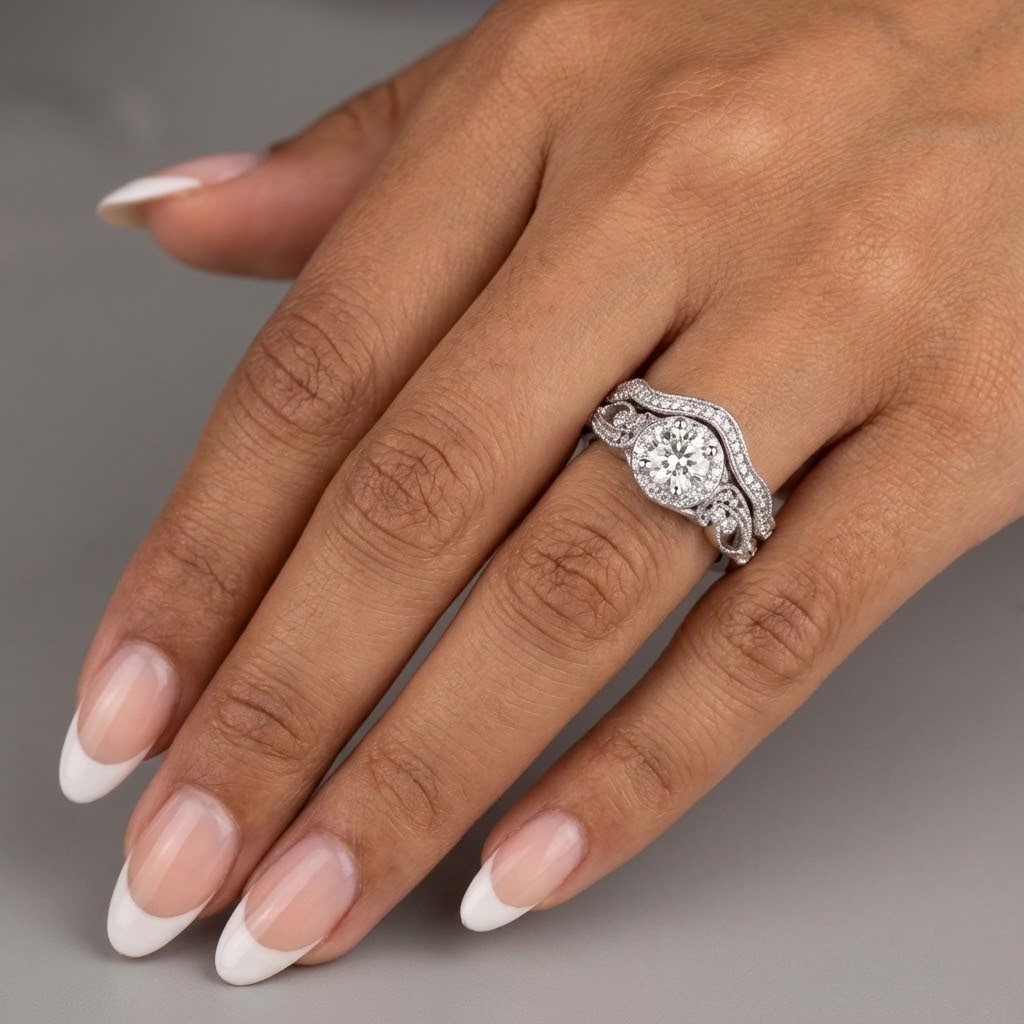 Engagement Ring Set 18K White Gold Halo 1.60 Carat Round Lab-Grown Diamond H VS1