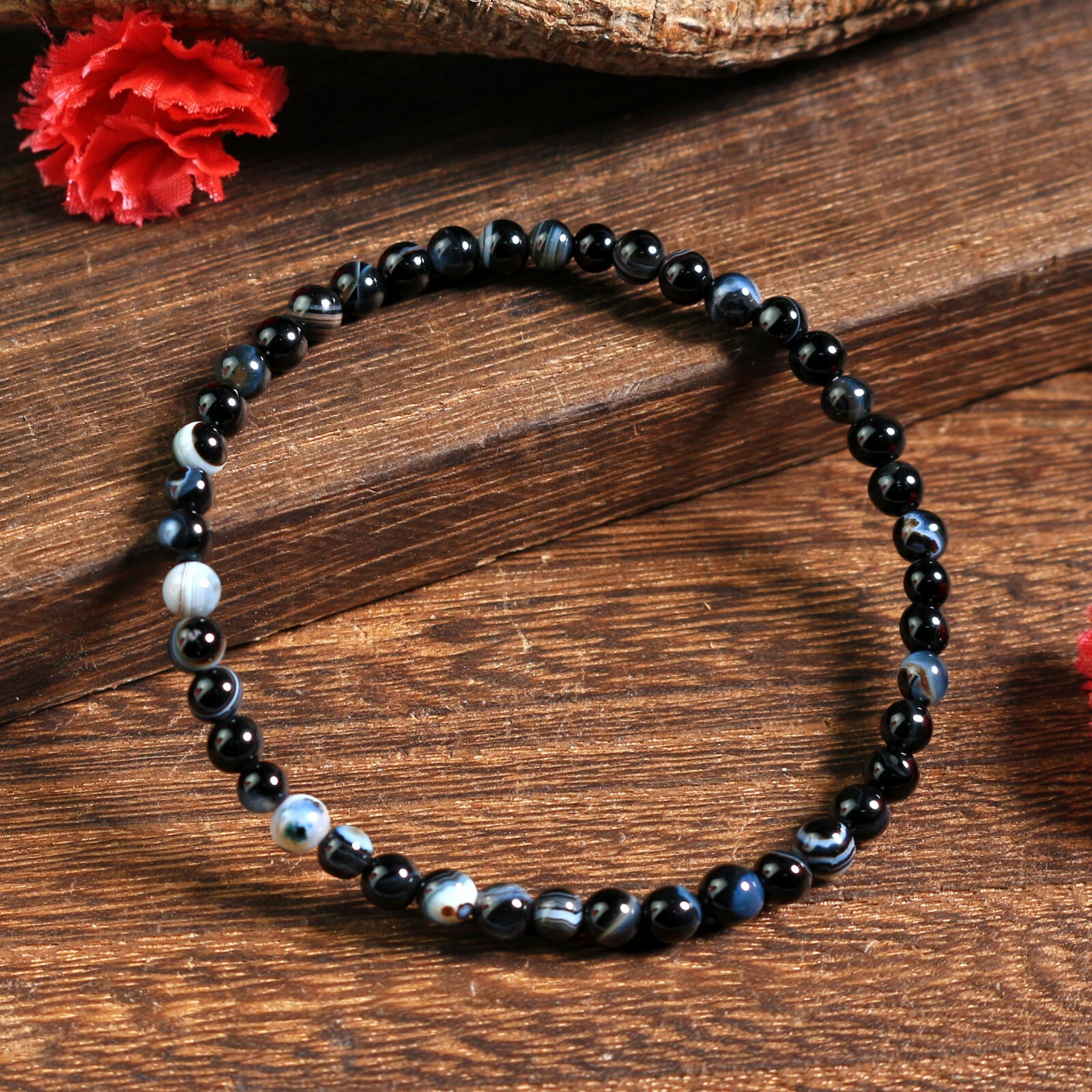 Natural Striped Black Onyx Beads Crystal Healing Reiki Stretch Handmade Bracelet