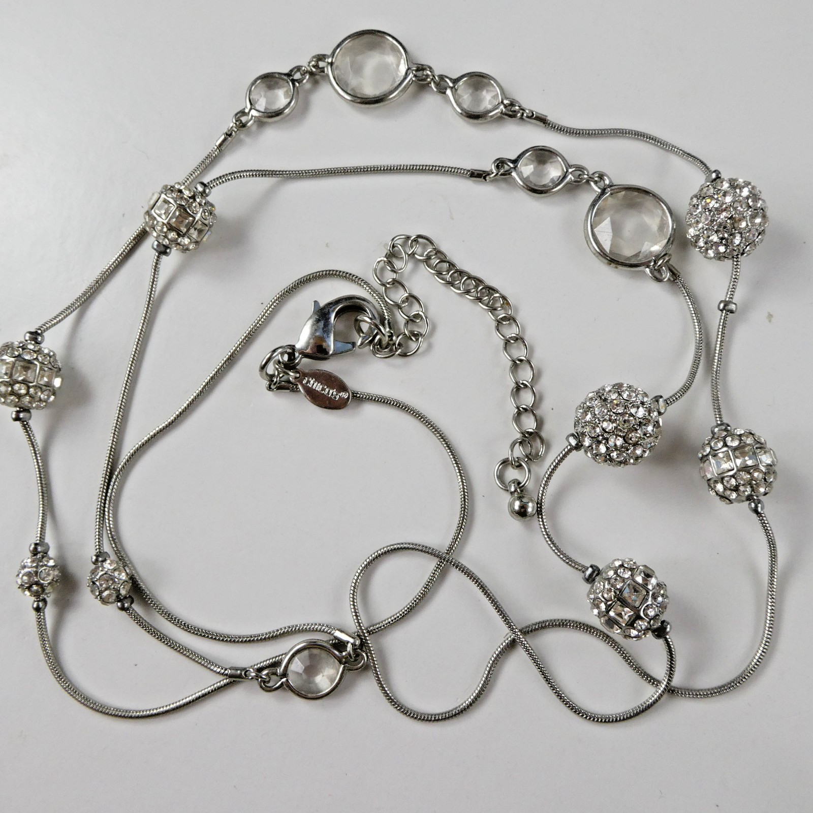 Pretty CHICO’S Silver Tone Crystal Rhinestone Ball Bead Long Strand Necklace