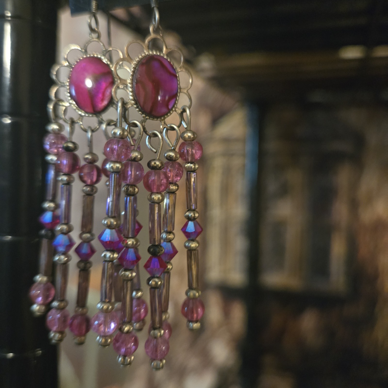 Pair Of Pink Earrings, Paua Shell And Beaded Sterling Silver Wires Made In Idaho