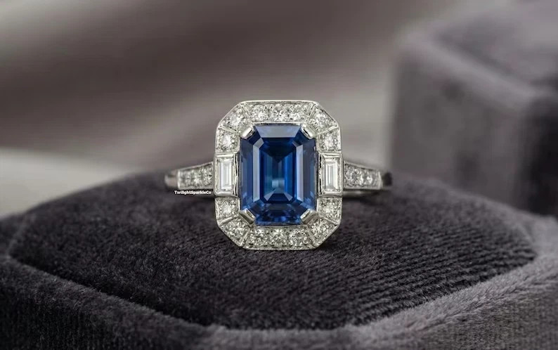 5.00Ct Emerald Cut Natural Blue Sapphire &Diamond 14K White Gold Wedding Ring