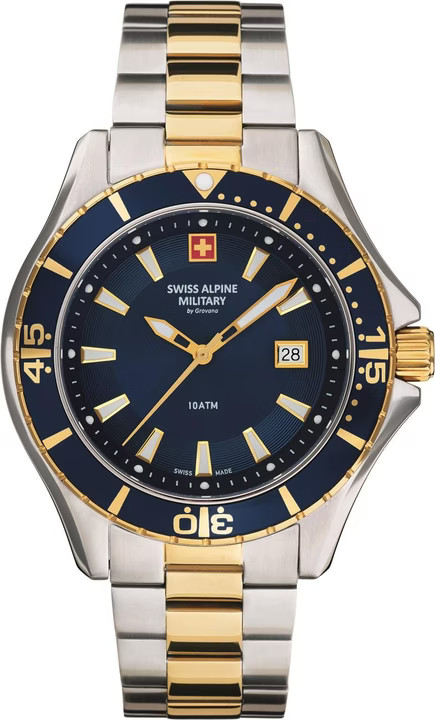 Swiss Alpine Military Blue Dial Dual Tone Diver Watch Swiss Made 7040.1145