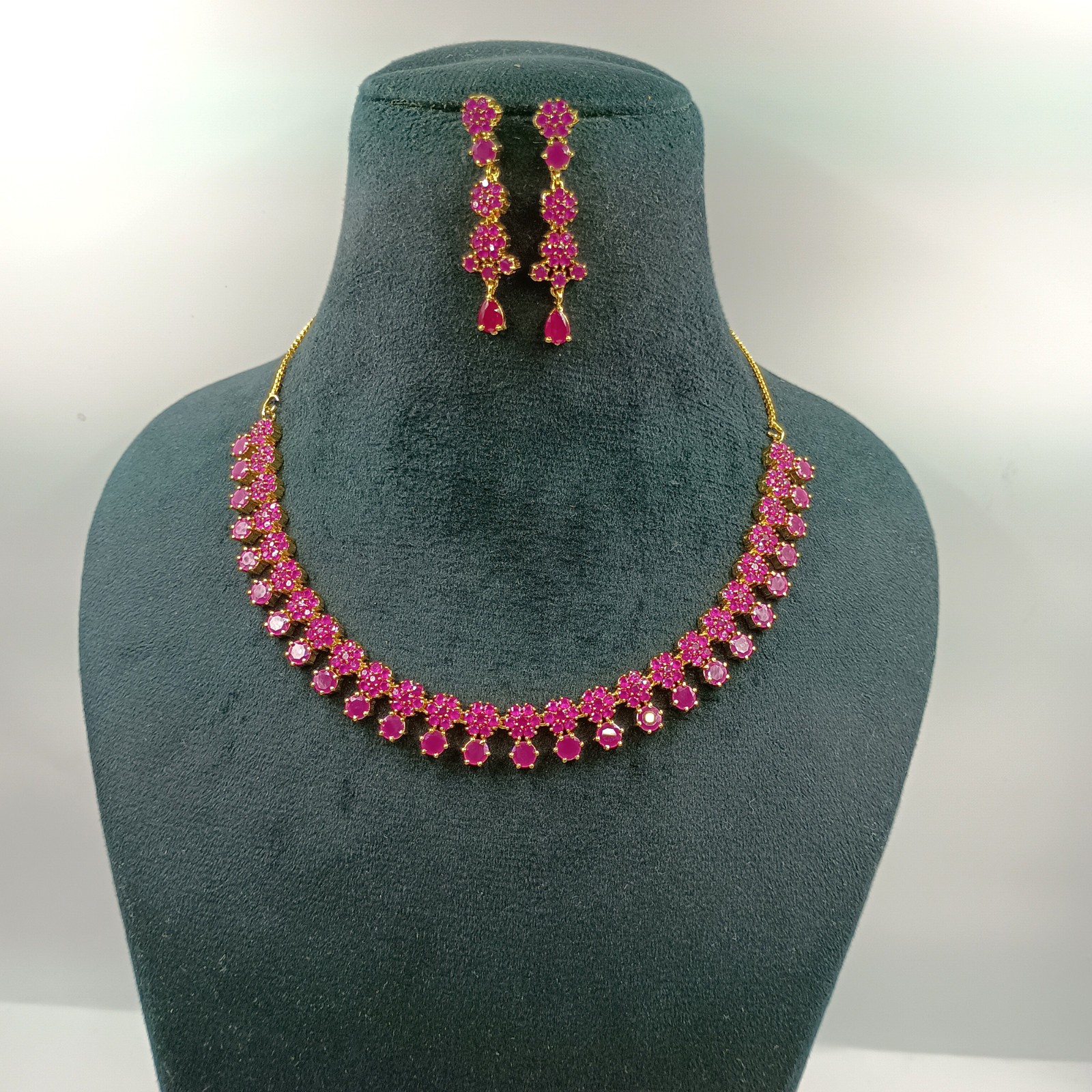 Indian 22k Gold Plated Ruby Floral Statement Necklace Set Wedding Jewelry