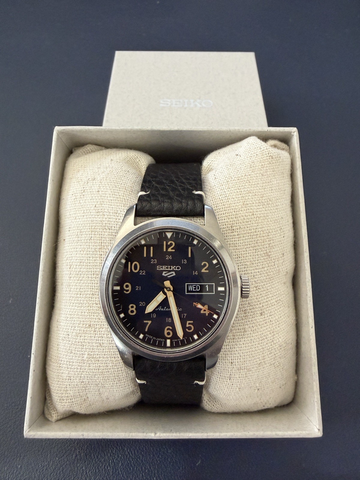 Seiko 5 Sports Day-Date Automatic 39.4 MM SS Leather Band Blue Watch SRPG39K1