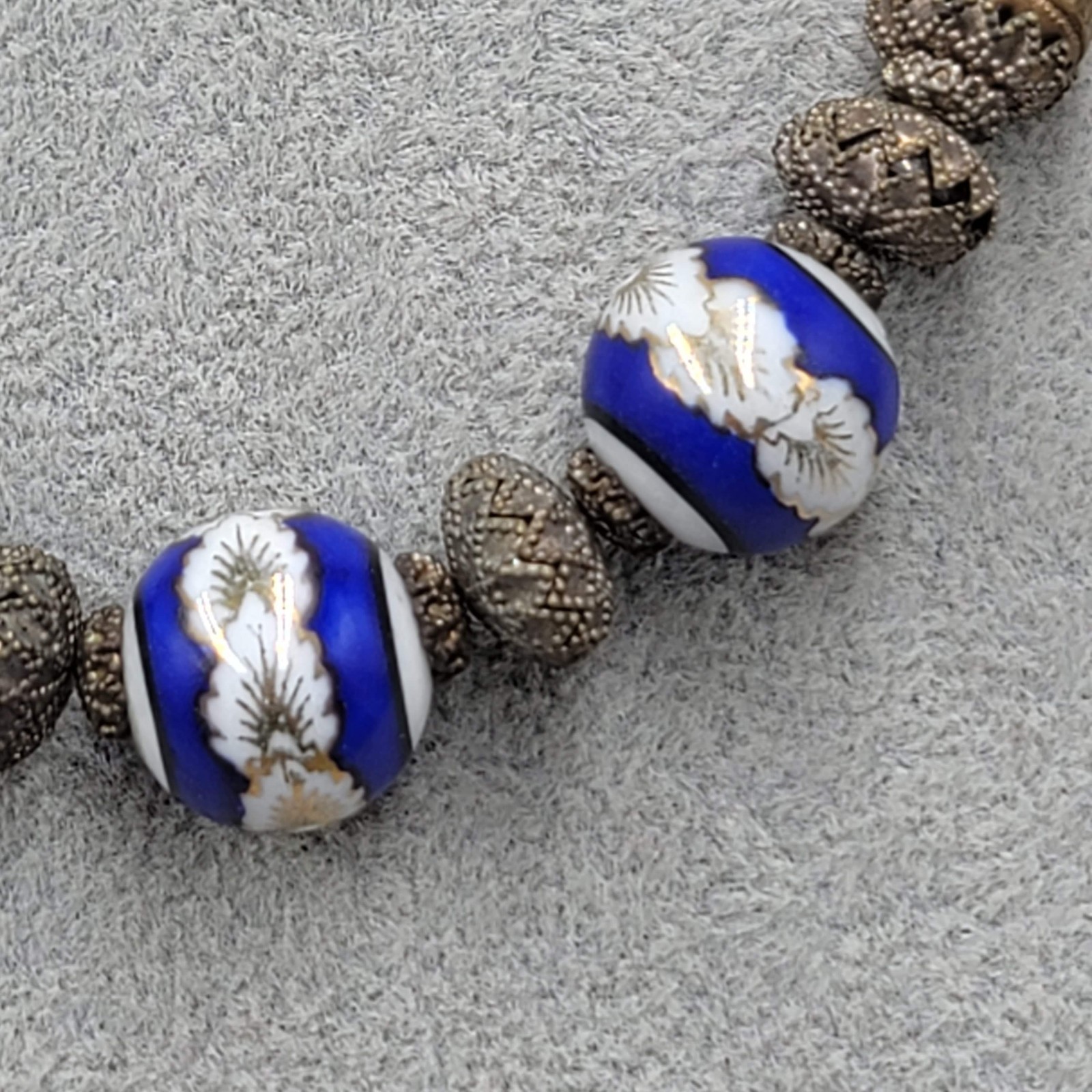 Antique Necklace Enamel Ceramic Filigree 15 in