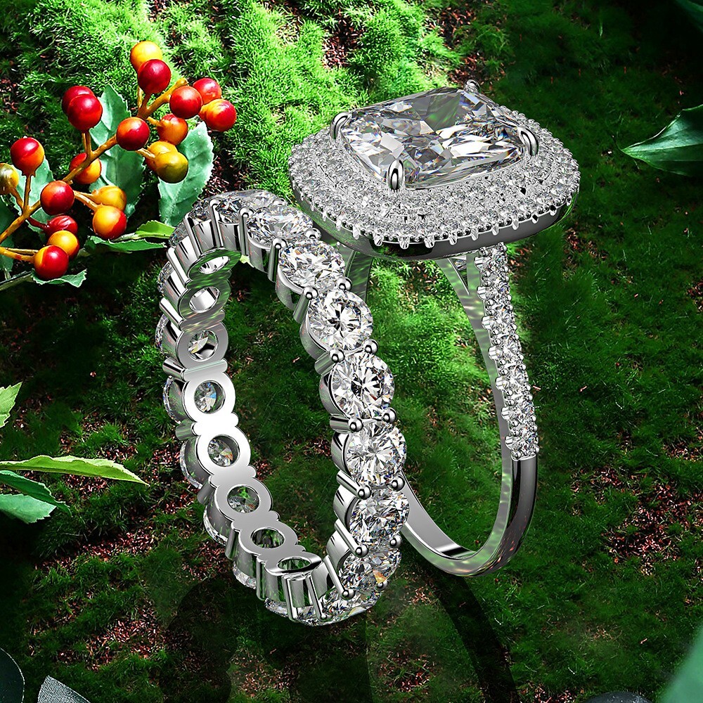 Women Solid 925 Sterling Silver High Carbon Stone Wedding Two Ring Set C20