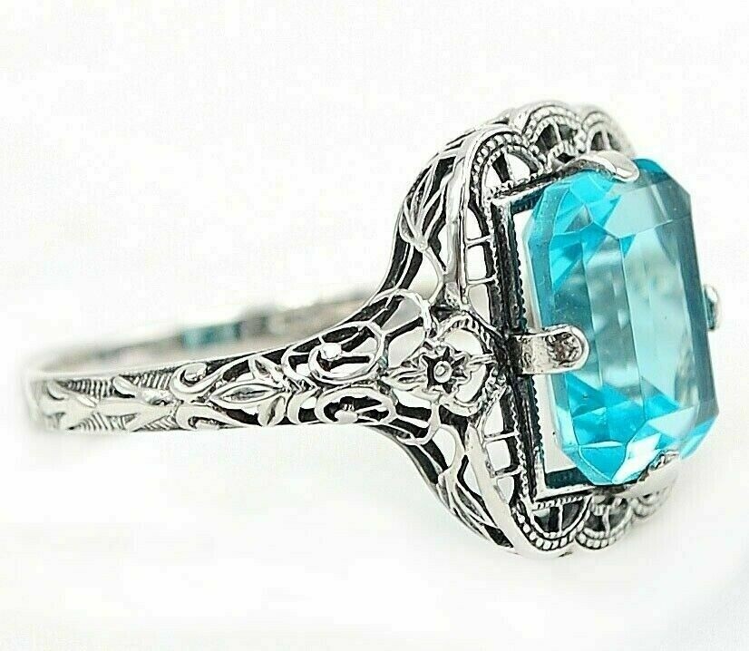 2CT Aquamarine 925 Sterling Silver Nouveau Style Ring Sz 6,7,8 XK2