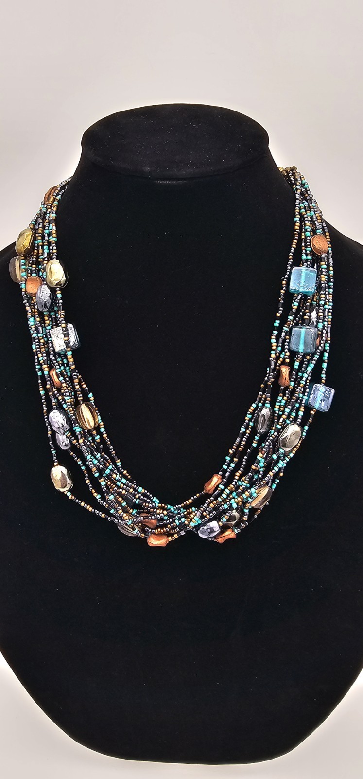 Beaded Multi Colored & Stranded Layered Glass Necklace Blue Square Oval