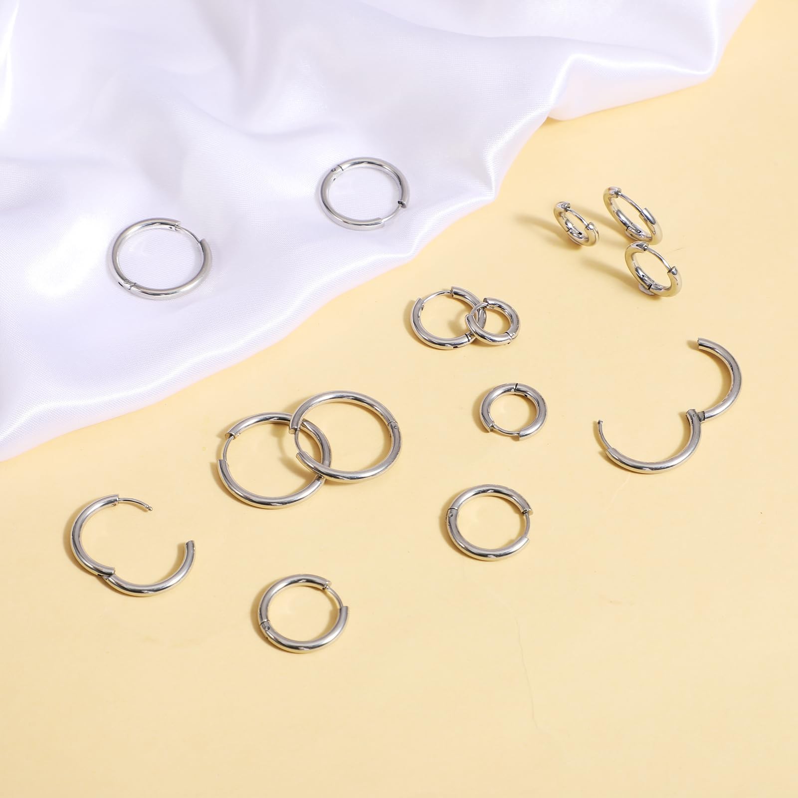 Mabor 7 Pairs Stainless Steel Hoop 8,10, 12 ,14, 16, 18, 20 mm, Silver