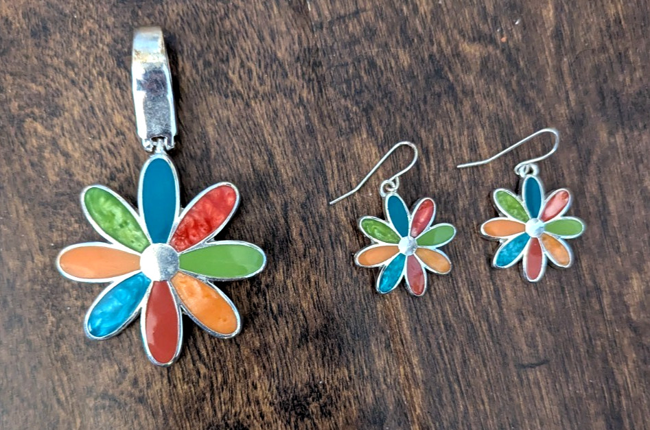 Blue, Red, Green, and Yellow/Orange Flower Pendant and Earring Set