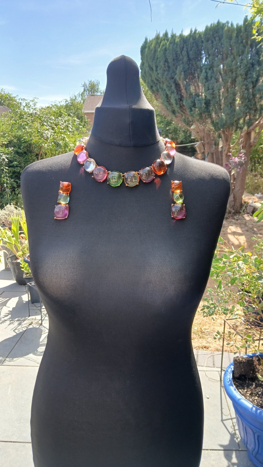 Multicolor Jelly Resin Statement Necklace & Earrings Set Gold Tone Chunky Set