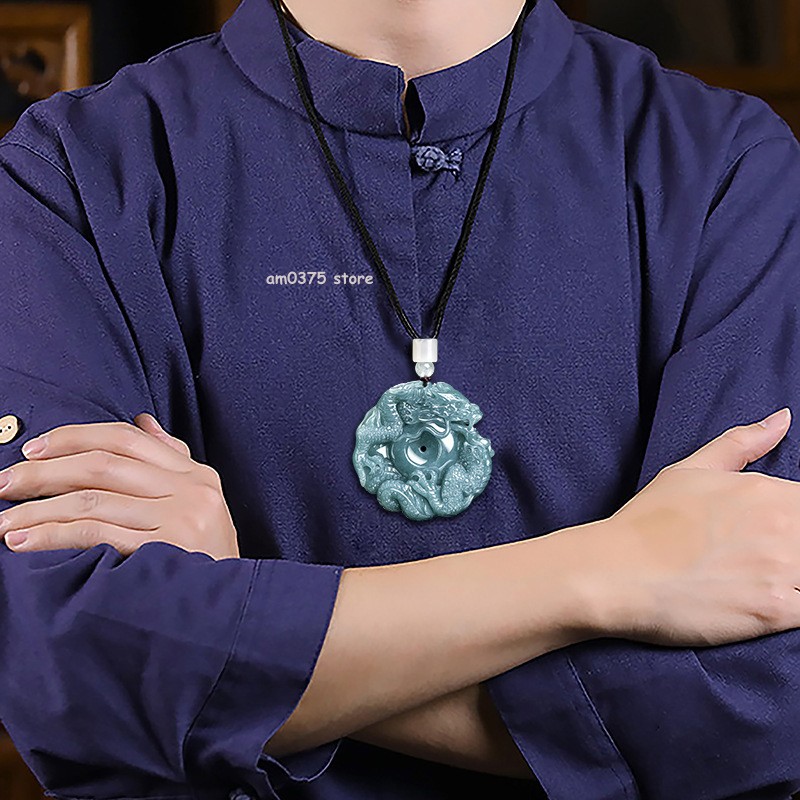 Natural Grade A Jade Jadeite Blue Water Ice Species Circle Zodiac Dragon Pendant