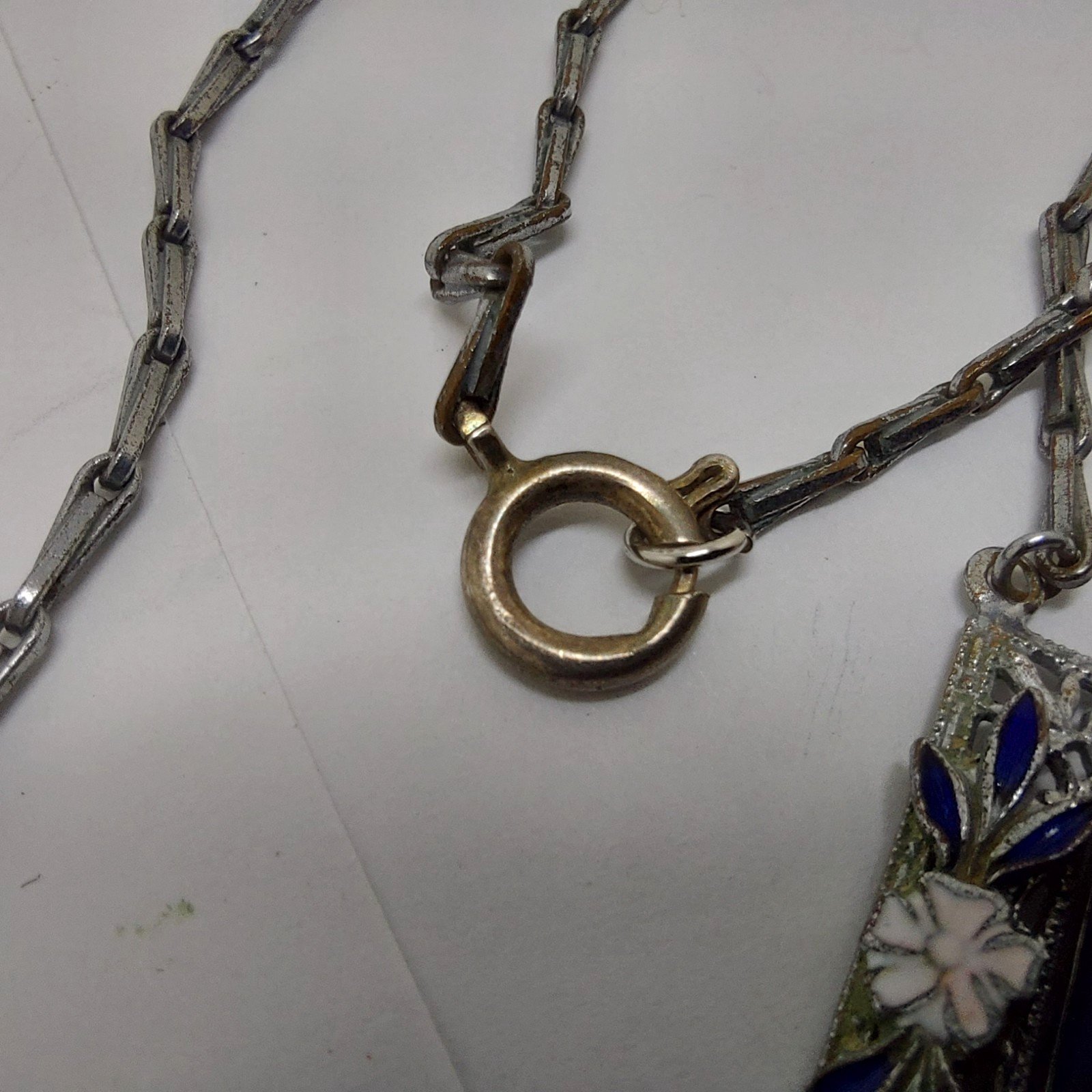 1920s Art Deco Czech Deep Blue Glass Enamel Flower Floral Filigree Necklace