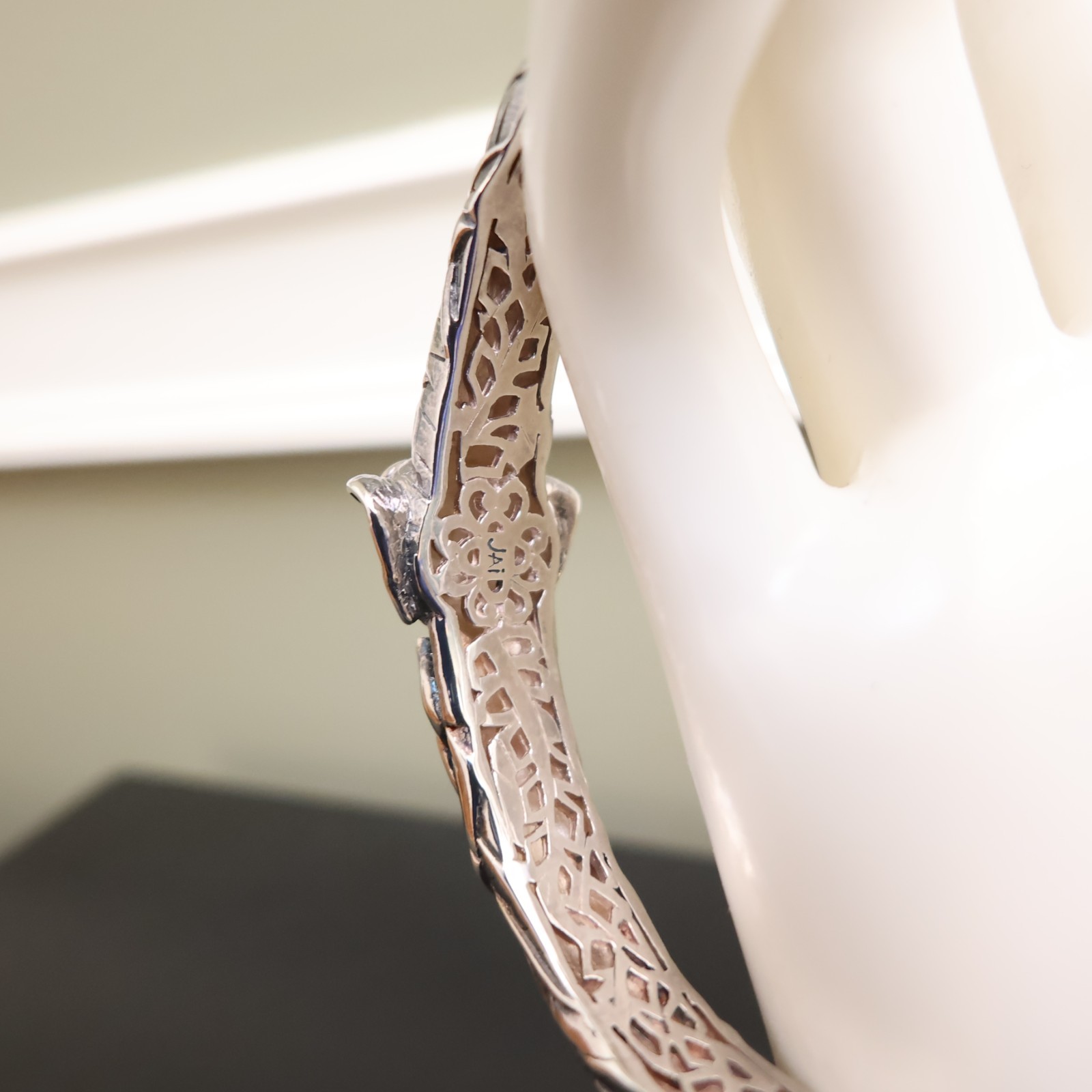 Jai bracelet elephant 925 sterling silver 14K gold hinged cuff garnets Sz 6.75in