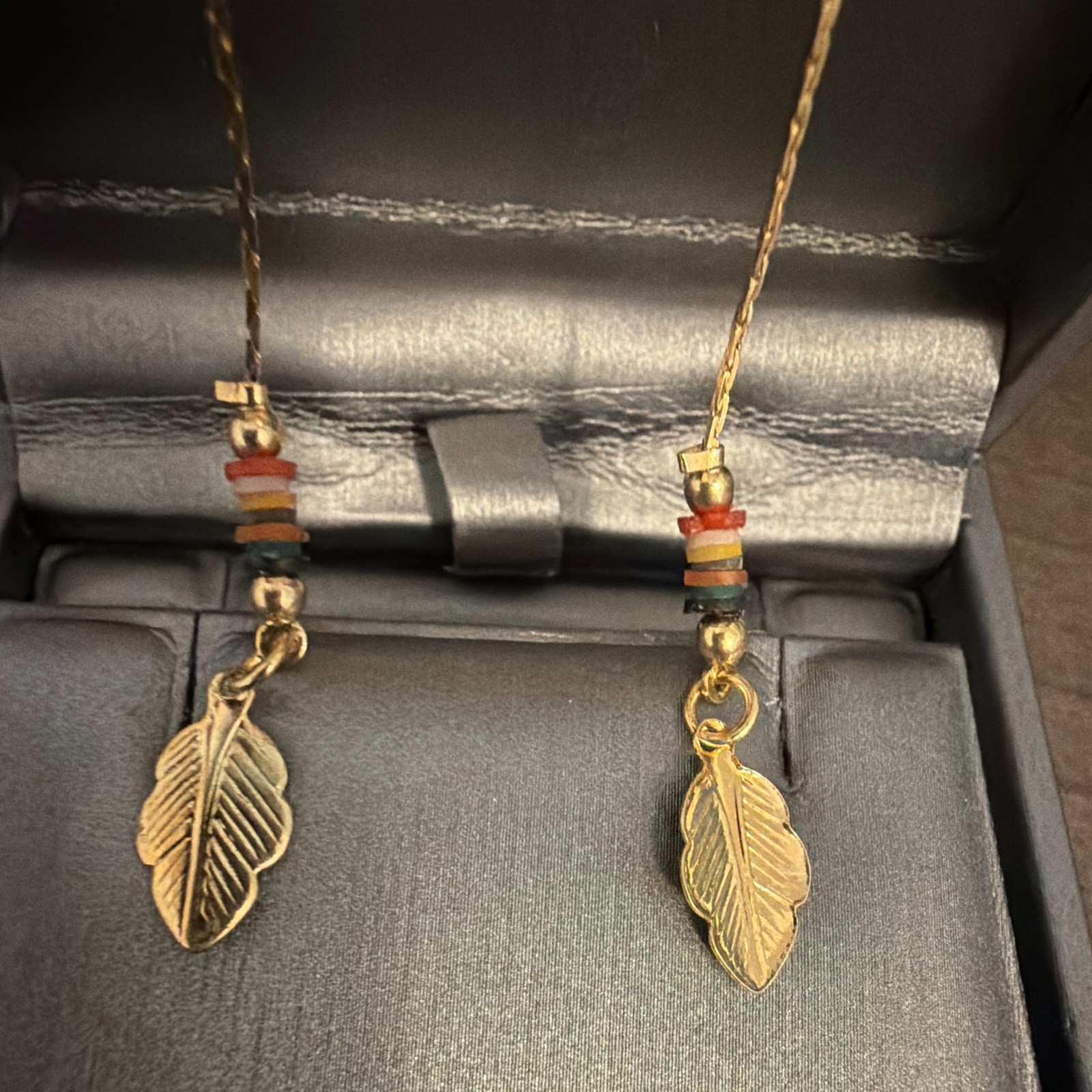Gold filled Leaf Dangle/Drop Earrings, Multicolor Bead Accents, Butterfly