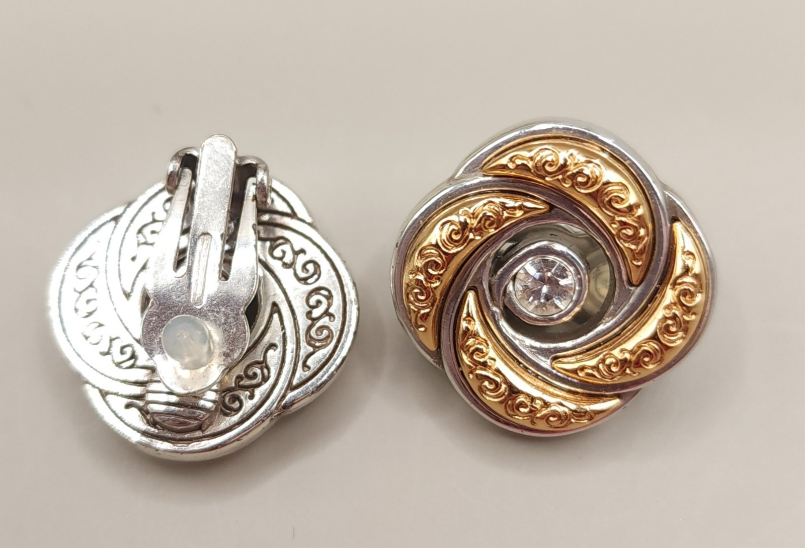 Vintage Brighton Love Knot Clip On Earrings Two Tone Silver Gold Rhinestone 7/8″