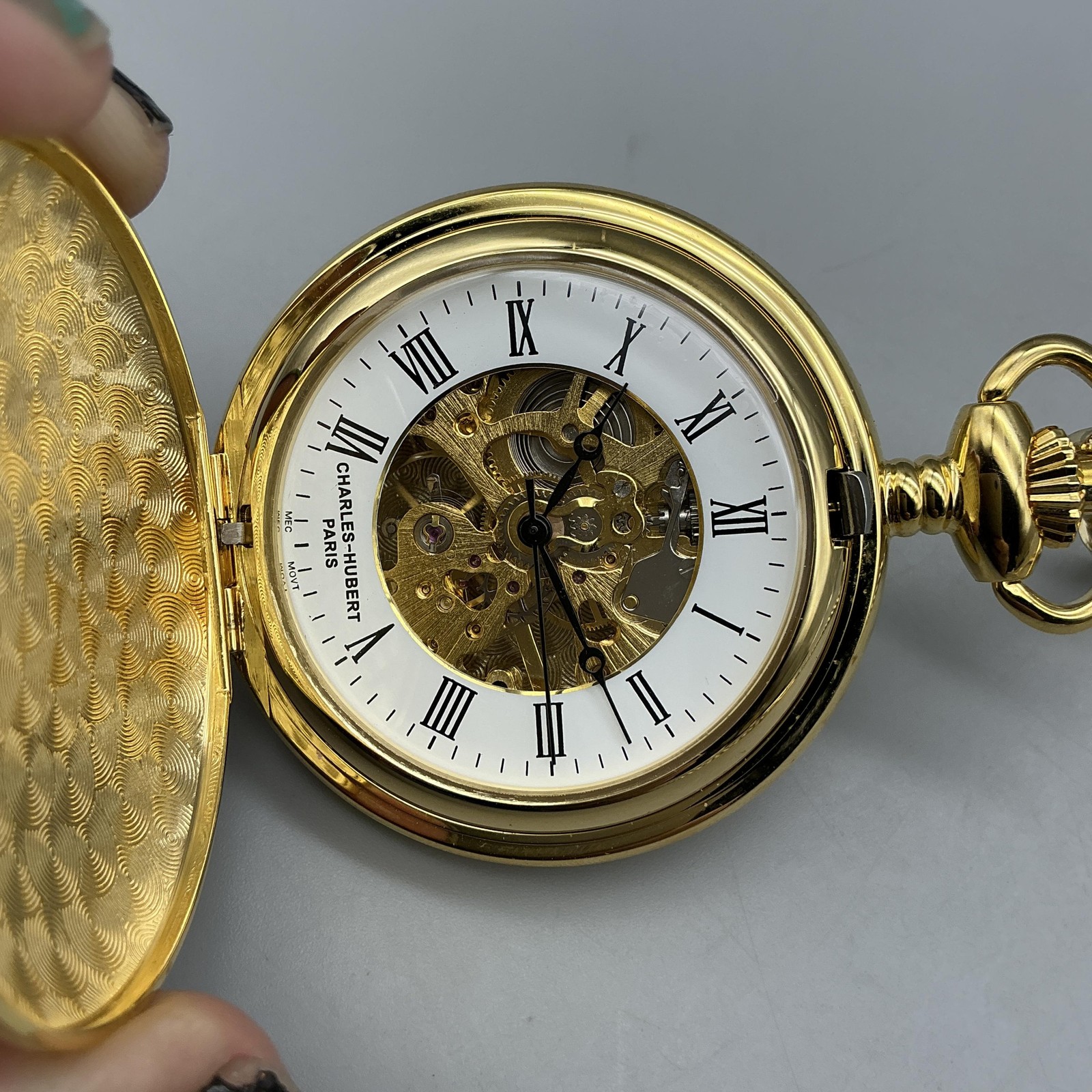 Charles-Hubert Pocket Watch Men 47mm Gold Tone Skeleton Hunter Manual Chain