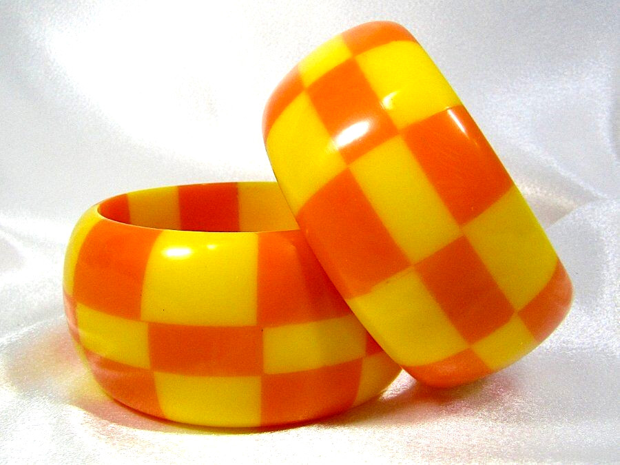 Lot of 2 Chunky Checker Board Checkered Orange Yellow Bangle Bracelets