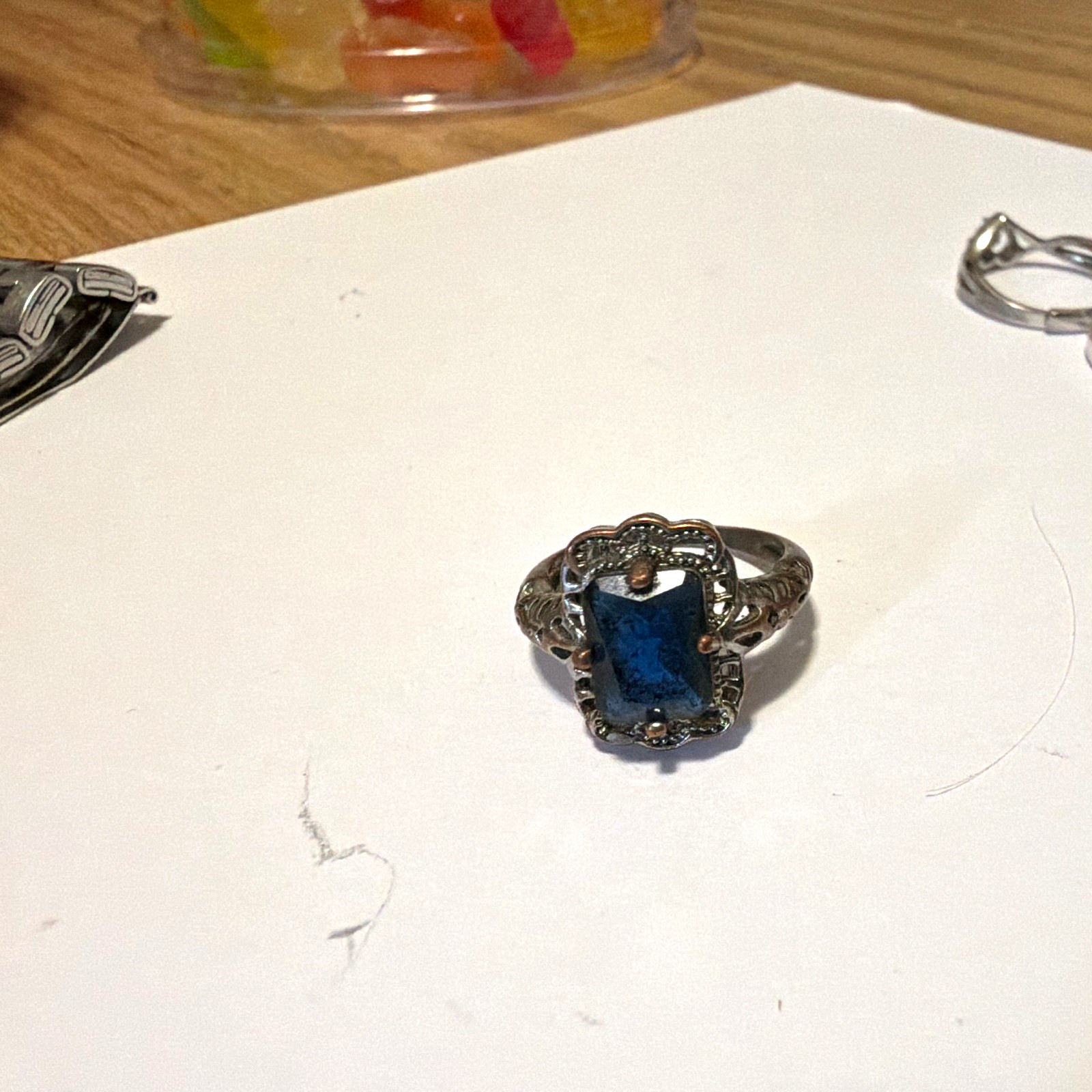 Silver Tone Cushion-Cut Blue Stone Cocktail Ring Filigree Setting Size 7