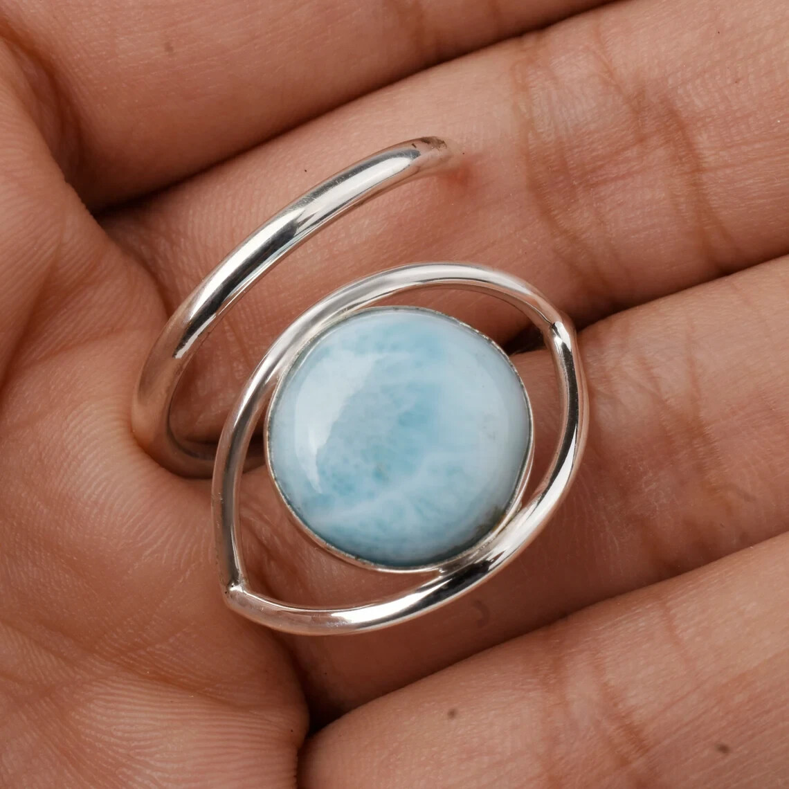 Unique Evil Eye Larimar Ring 925 Sterling Silver Adjustable Ring Gift For Her
