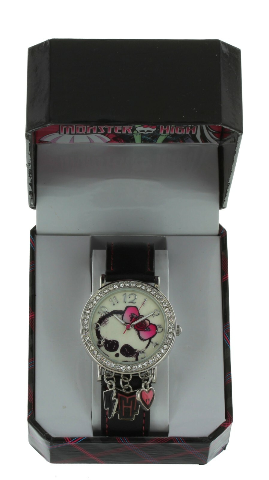 Girls cute Monster High watch with pendants, silver tone case w/crystals MHAQ195