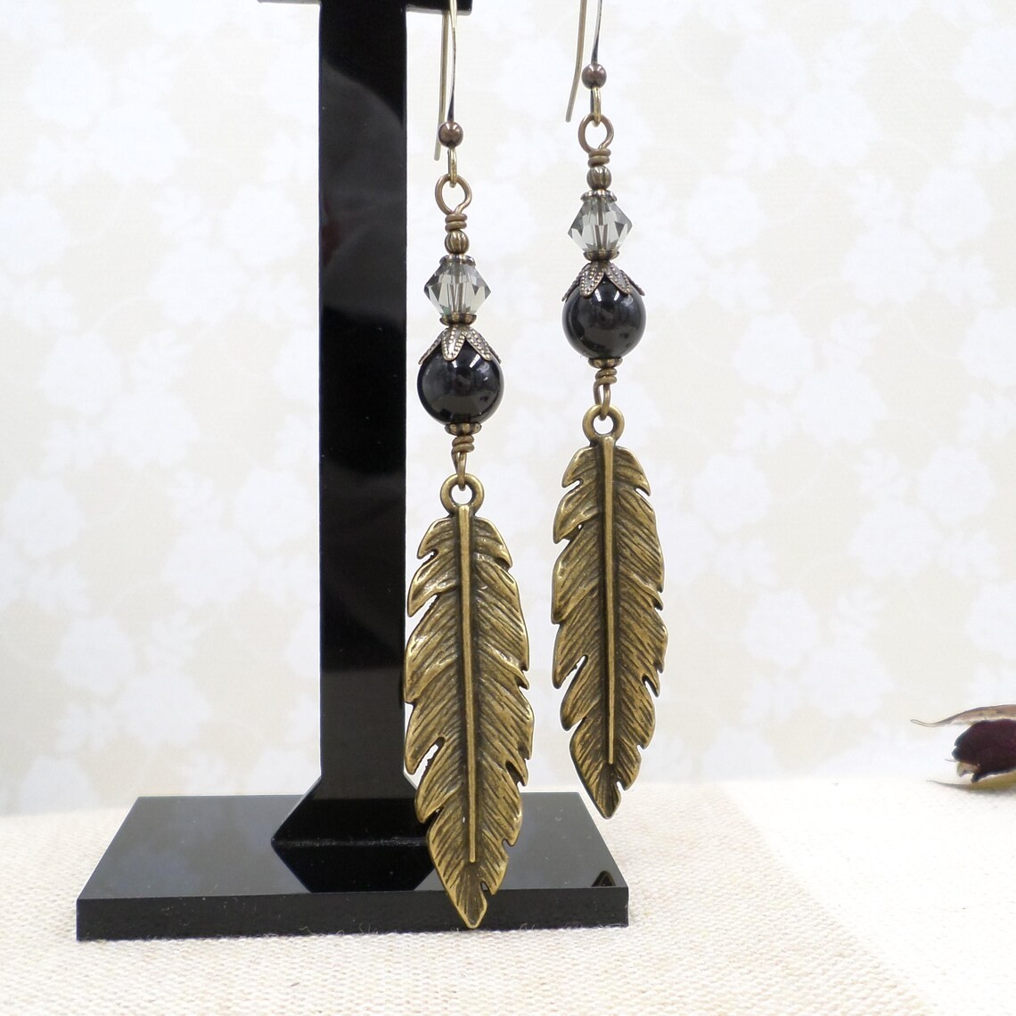Boho Earrings, Antique Brass Feather with Black Faux Pearls & Crystal Jewelry