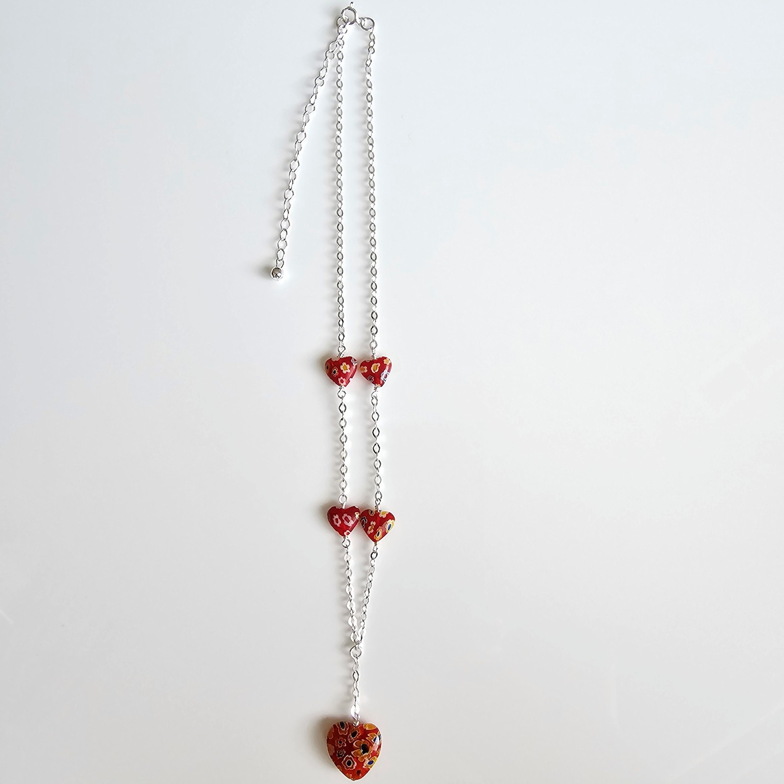 Adjustable 9″ 925 Silver Chain Hearts Millefiori Thailand Glass Beads Necklace