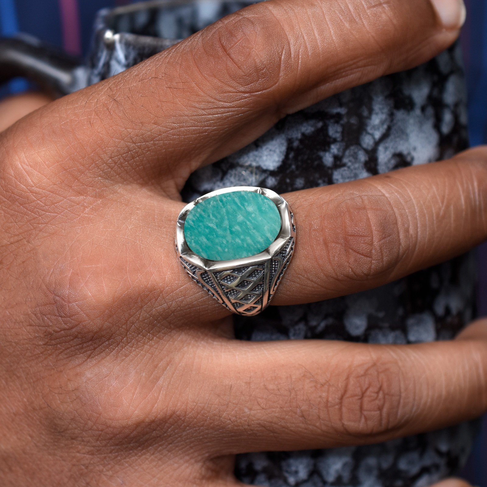 Handmade Gemstone Amazonite-925 Sterling Silver Comfortable Unique Men’s Ring