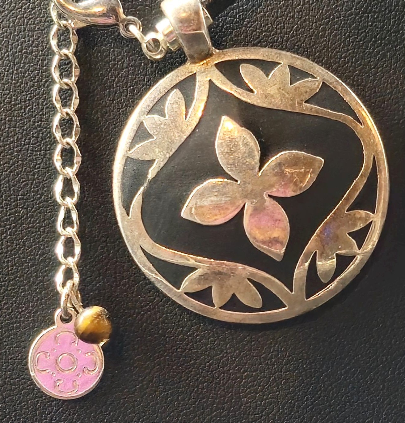 Silver Floral Pendant Necklace Black Enamel Adjustable Leather Cord By Liz & Co.