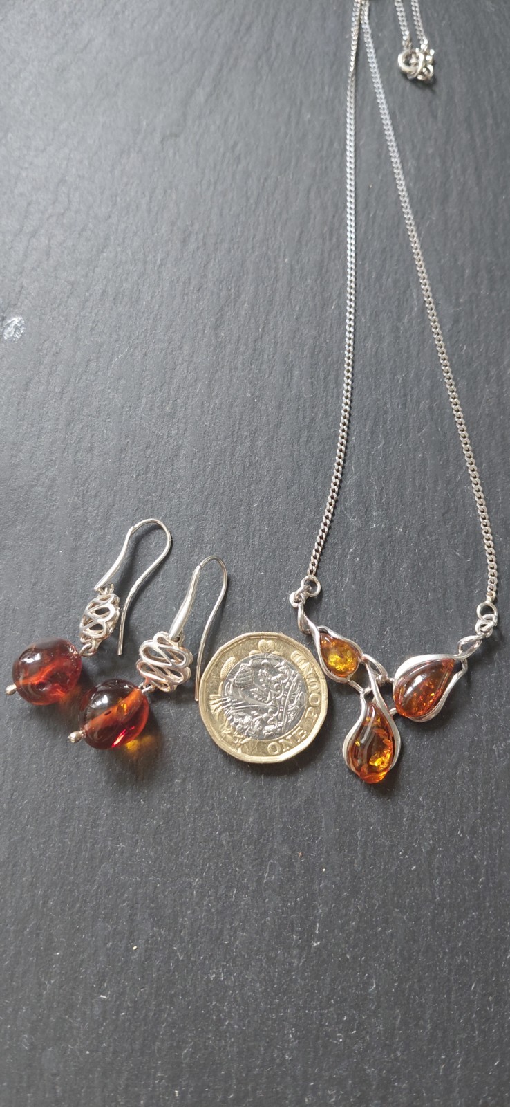 Vintage 1976 925 Sterling Silver & Baltic Amber Necklace and Earrings