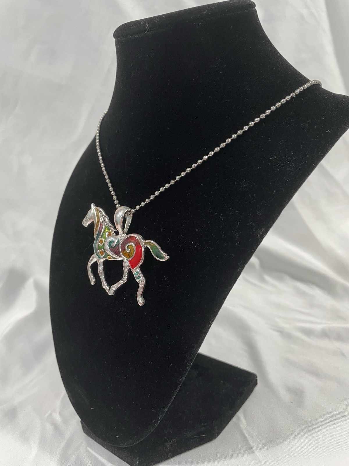 Silver Tone Horse Charm Pendant Necklace, Ball/Bead Chain, Multicolor Enamel