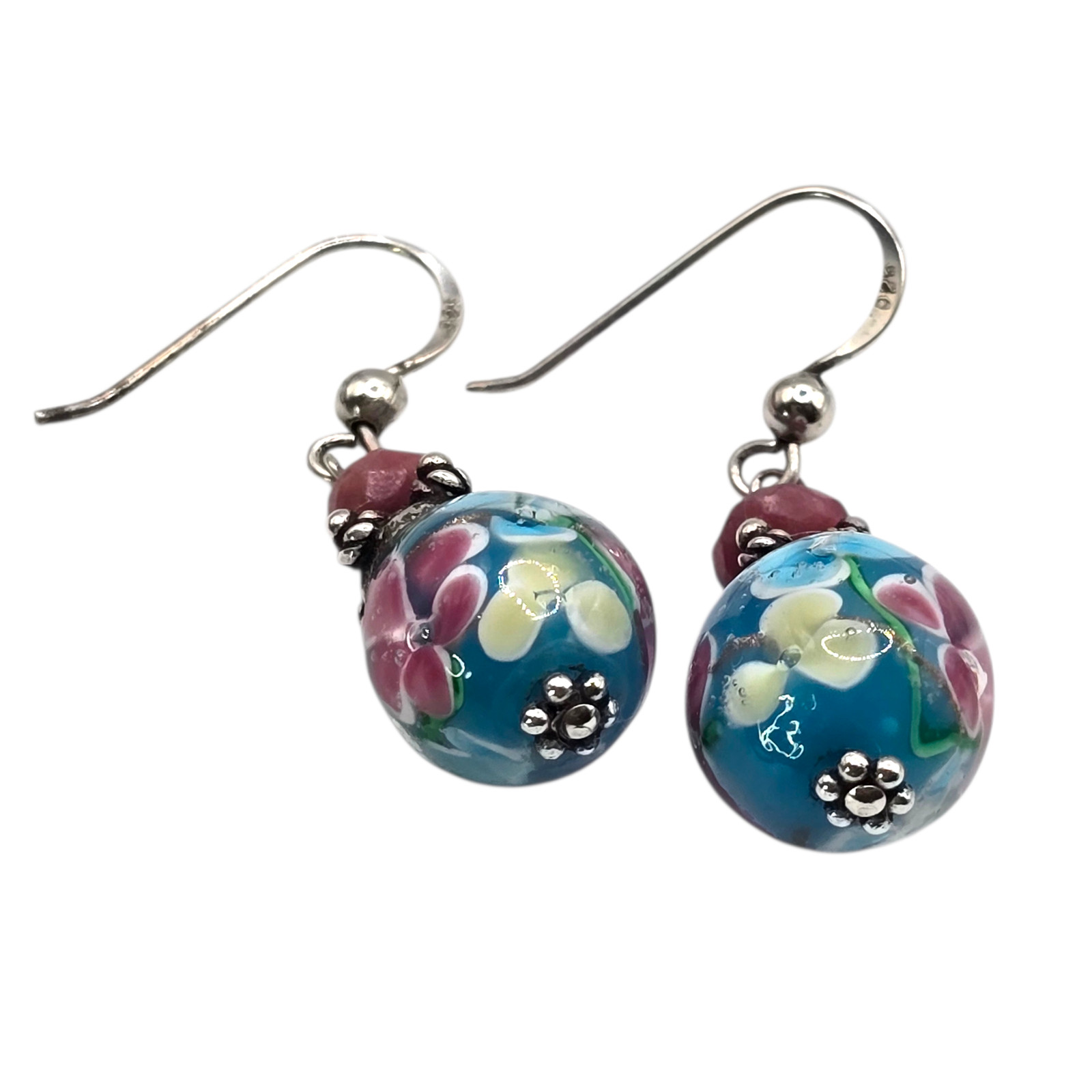 Earrings Lampwork Sterling Silver 925 Accent Dangle Floral Glass Bead Boho S2942